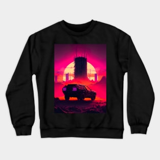 Dystopian Cyberpunk City And Retro Futuristic Car In Synthwave Aesthetic Crewneck Sweatshirt